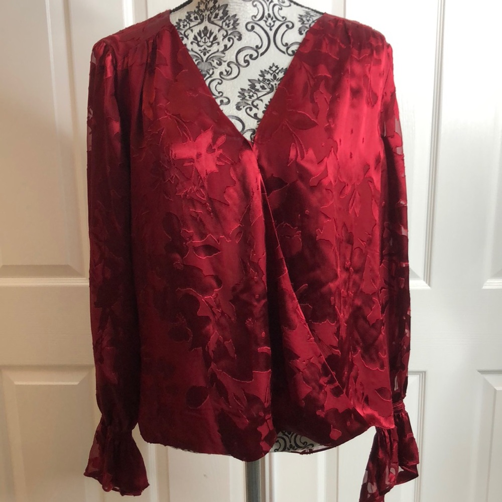White House Black Market Red Criss Cross Long Sleeve Semi Sheer Blouse 12